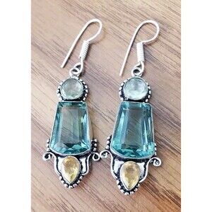 925 Sterling Silver Dangle Earrings Green Amethyst Yellow Citrine
